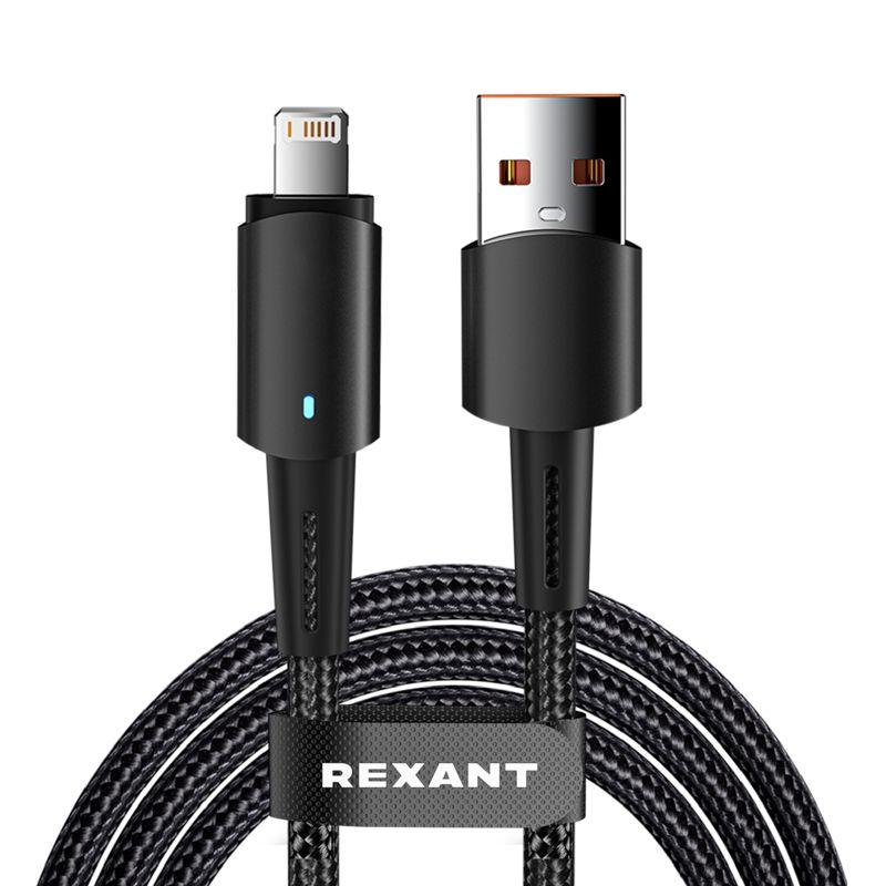 Кабель USB-A-Lightning для Apple 2.4А 1м черн. нейлон. оплетка световая индикация Rexant 18-7058