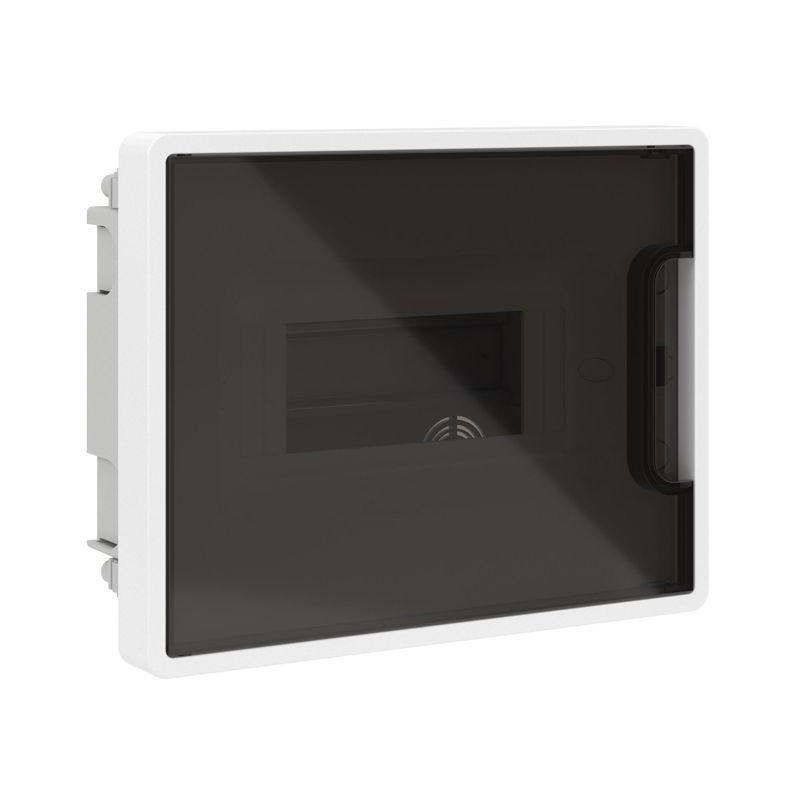 Щиток встраиваемый FRAME 8мод. для полых стен с тонированной дверцей с 2 шинами PEN на 8 и 6 отверст. бел. DKC F08B3WD