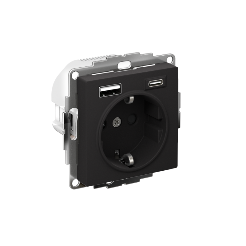 Розетка AtlasDesign 16А с 2-мя заряд. устройствами USB тип A+C 5В/2.4А 2х5В/1.2А механизм карбон SE ATN001032