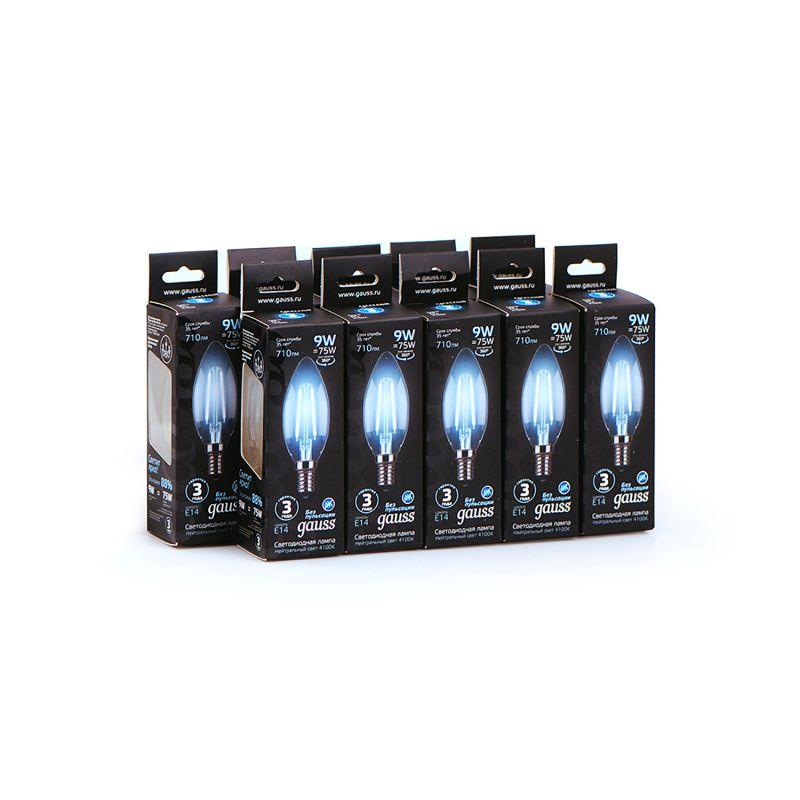 Лампа светодиодная филаментная Black Filament 9Вт свеча 4100К нейтр. бел. E14 710лм GAUSS 103801209