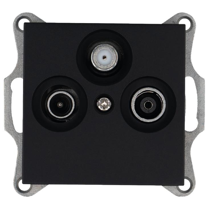 Розетка телевизионная проходная TV + FM + SAT 3-м Ф9.5мм механизм черн. матов. soft touch Jasmart G6207PB