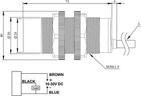 Датчик емкостный (PNP-НО) кабель 2мх3 (расс. сраб. 3-15мм) выступающий пластик 10-30В DC IP65 EMAS SCM30NP1PC2