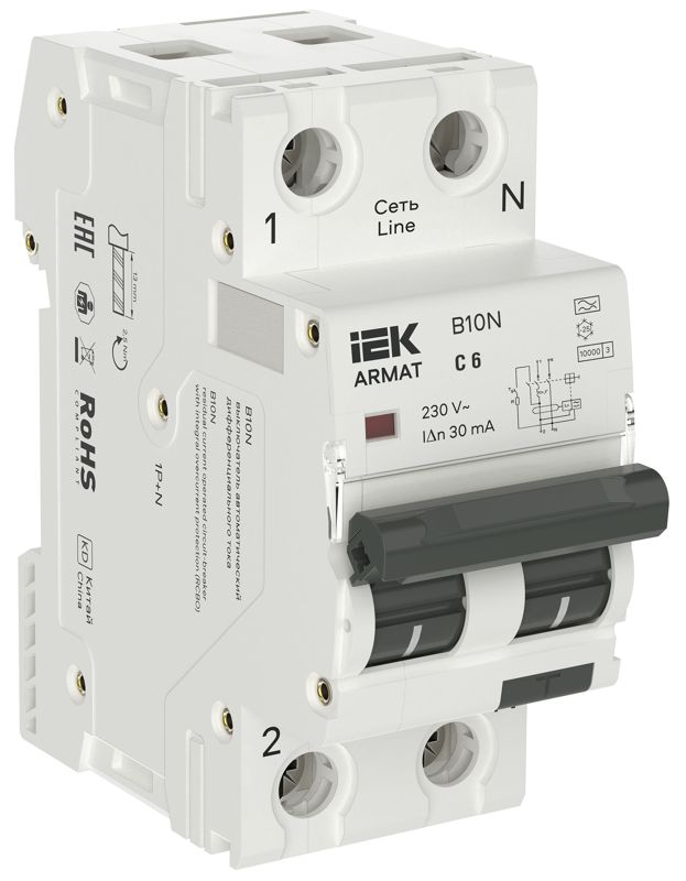 Выключатель автоматический дифференциального тока АВДТ B10N 1P+NP C6 30мА тип A (36мм) ARMAT IEK AR-B10N-1N-C006A030