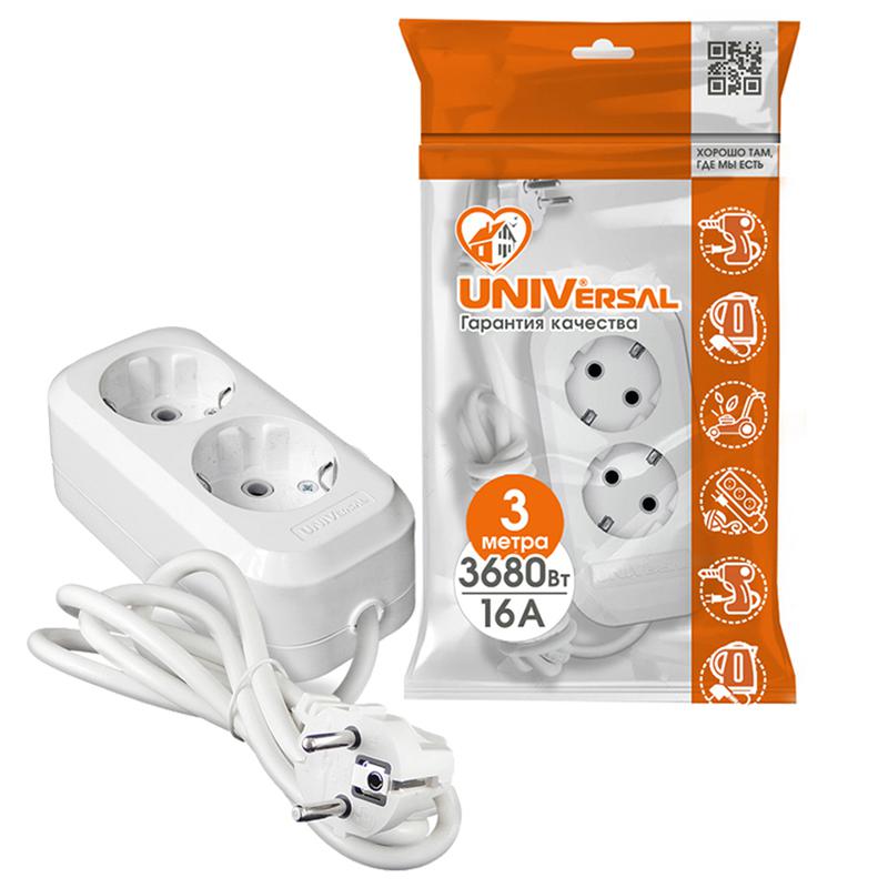 Удлинитель 2х3м с заземл. IP20 Е-302А ПВС 3х1.5 Universal 1718