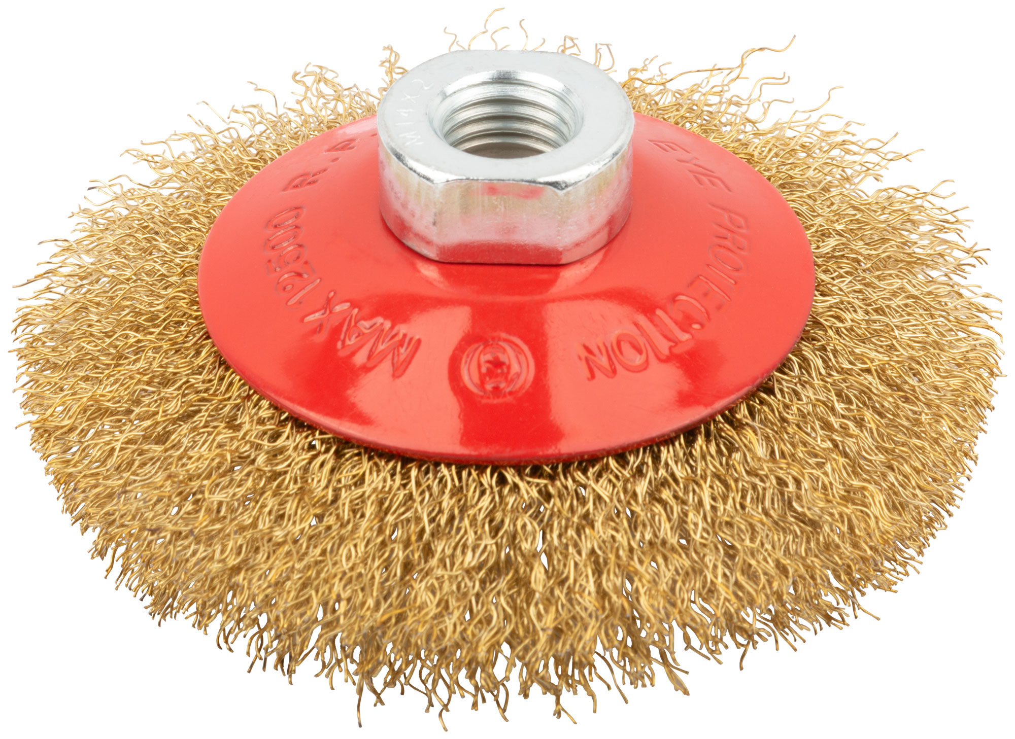 Корщетка-колесо с наклоном, гайка М14, стальная латунированная волнистая проволока 100 мм