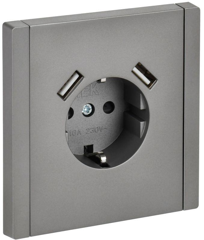 Розетка FORTE&PIANO FP545 16А USB A+A 3.1А с заземл. защ. шторки винт. крепл. сталь IEK FP-R14-16-U21-D31-K46