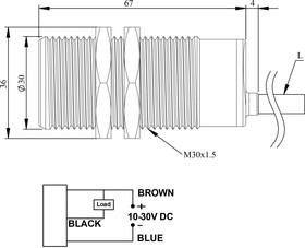 Датчик индуктивный (NPN-НО) кабель 2мх400Гц) скрытый мотаж 10-30В DC IP67 EMAS SIM30FM1NC2
