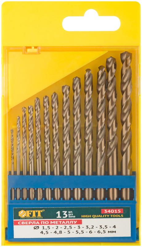 Набор сверл HSS по металлу с добавкой кобальта 5% 13шт ( 1.5-2-2.5-3-3.2-3.5-4-4.5-48-5-5.5-6-6.5мм) FIT 34015
