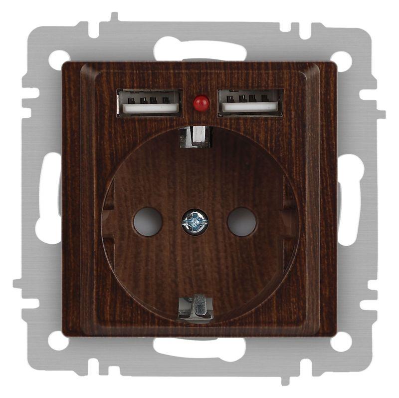 Розетка 1-м СП Accent 6-410-10 16А IP20 250В P+E Schuko + 2хUSB защ. шторки венге Intro Б0063717