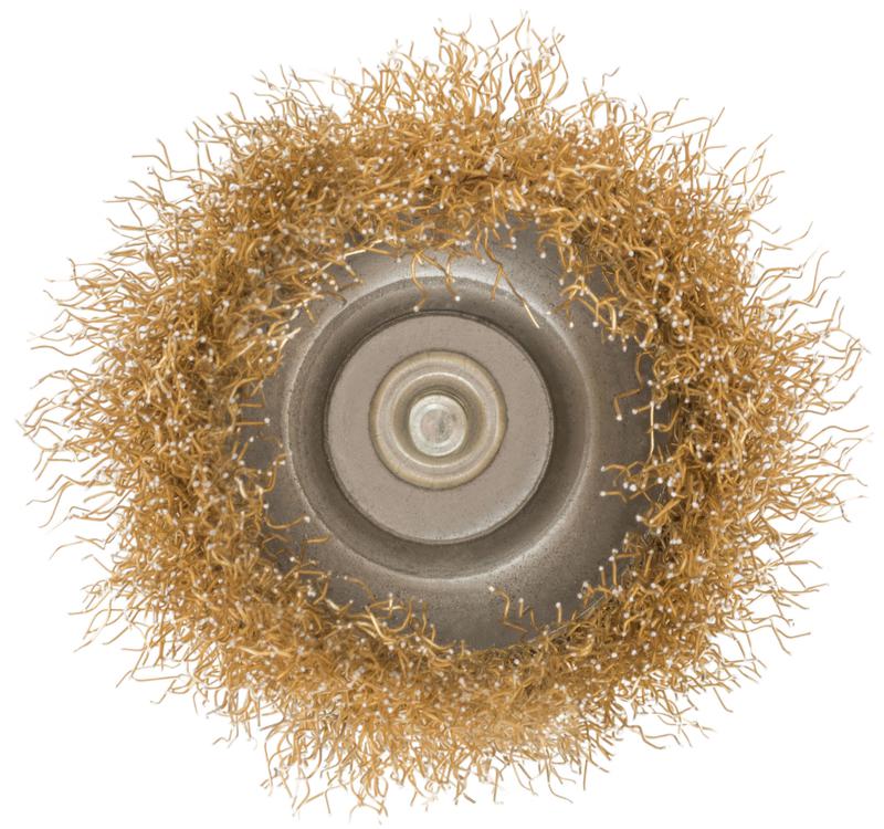 Корщетка тип "чашка" со штифтом стальная латунированная волнистая проволока 65мм MOS 38487М