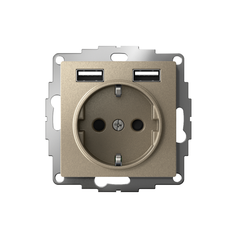 Розетка 1-м СП AtlasDesign 16А IP20 с 2-мя заряд. устройствами USB тип A+A 5В/2.4А 2х5В/1.2А механизм шампань SE ATN000530