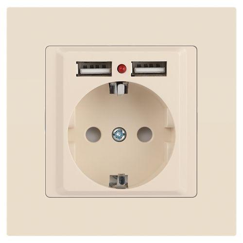 Розетка 1-м СП Accent 6-410-02 16А IP20 250В P+E Schuko + 2хUSB защ. шторки сл. кость Intro Б0063692