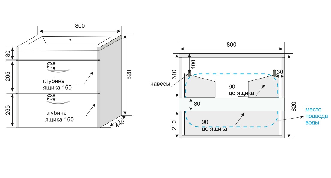 Тумба подвесная "Каре 80" (2 ящ.) Люкс белая, PLUS