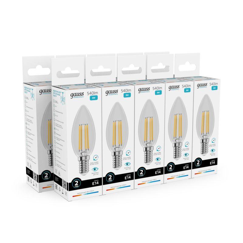 Лампа светодиодная филаментная Filament Elementary 8Вт свеча 4100К Е14 540лм GAUSS 32128
