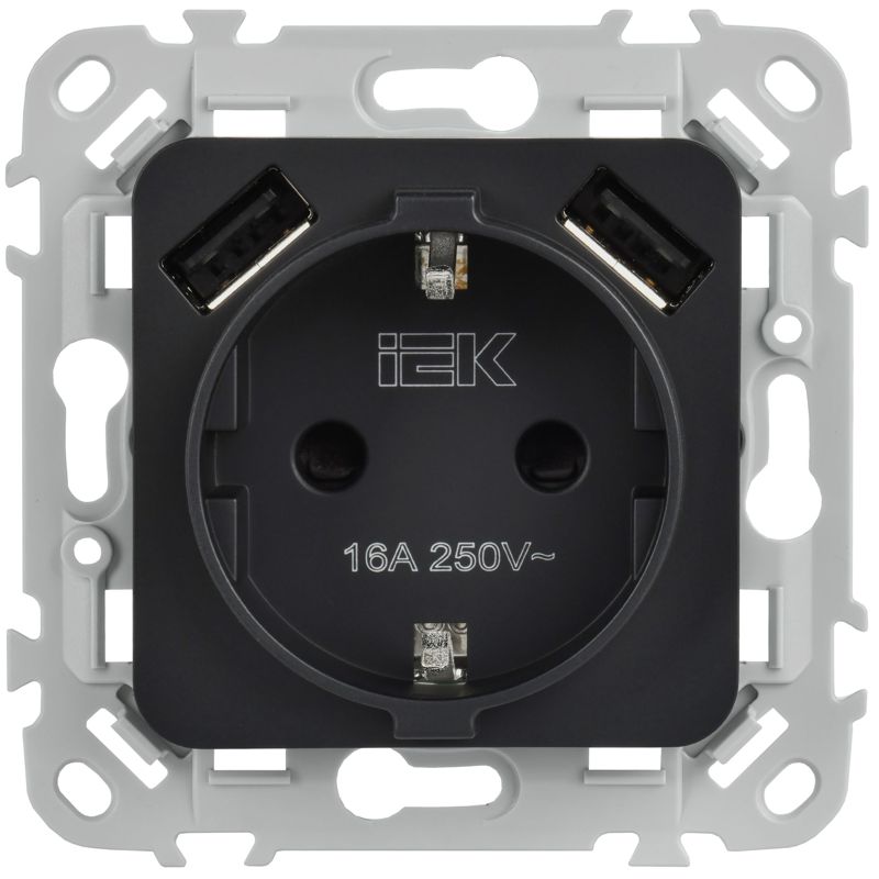 Розетка 1-м СП FLITE РСЮша11-1-ФлЧ 16А с USB A+A 3.1А с заземл. с защ. шторками безвинтовое крепление механизм черн. IEK FI-R14-16-1-U21-D31-K02