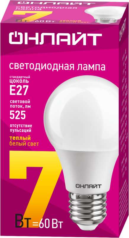 Лампа светодиодная 71 647 OLL-A60-7-230-2.7K-E27 7Вт грушевидная 2700К тепл. бел. E27 700лм 176-264В ОНЛАЙТ 71647