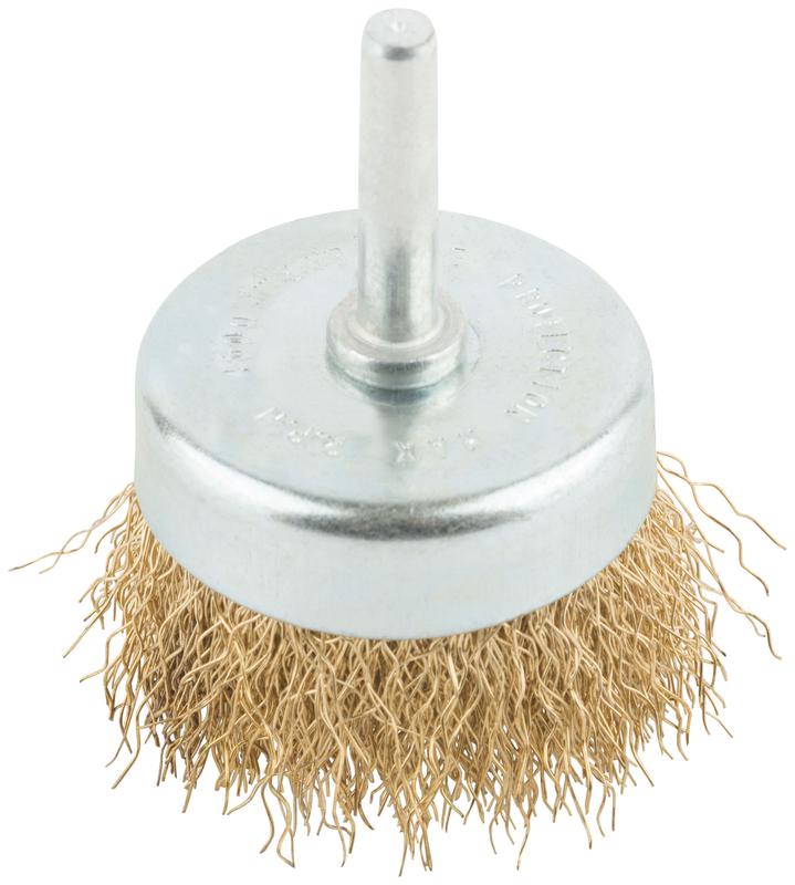 Корщетка тип "чашка" со штифтом стальная латунированная волнистая проволока 50мм MOS 38486М