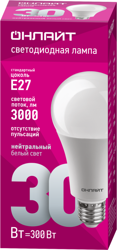 Лампа светодиодная 61 971 OLL-A70-30-230-4K-E27 30Вт грушевидная 4000К тепл. бел. E27 3000лм 176-264В ОНЛАЙТ 61971