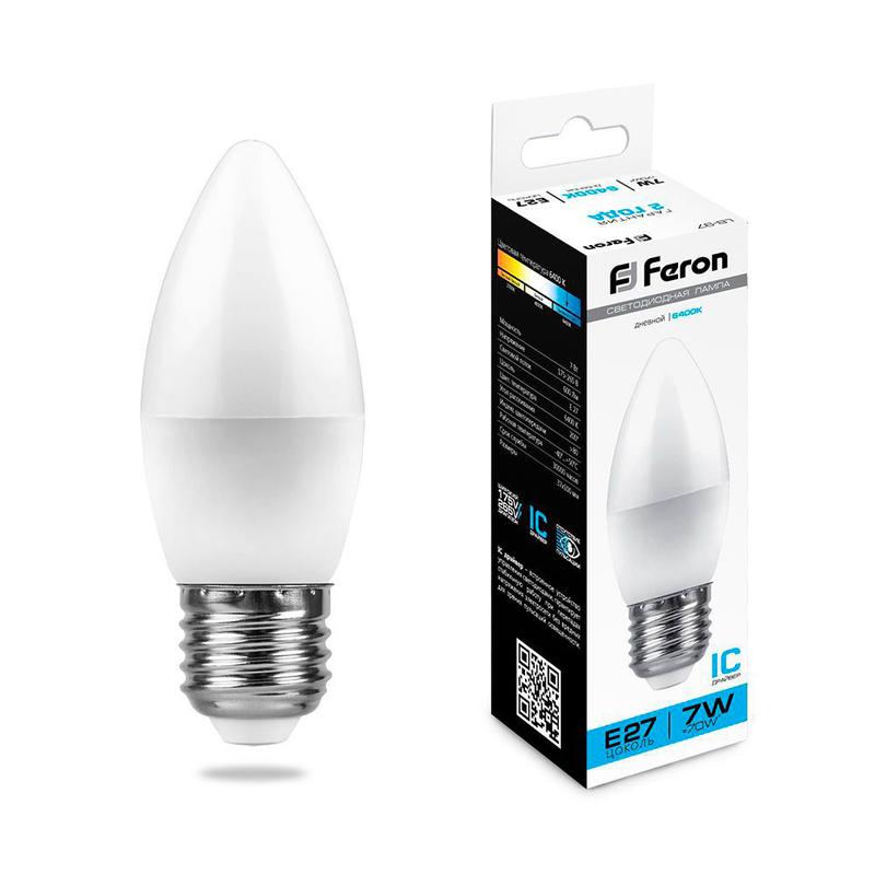 Лампа светодиодная 7Вт 230В E27 6400К C37 LB-97 FERON 25883