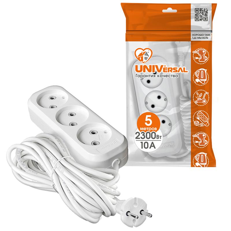Удлинитель 3х5м без заземл. 10А IP20 Е-203 ПВС 2х0.75 АБС-пластик UNIVersal 9631965