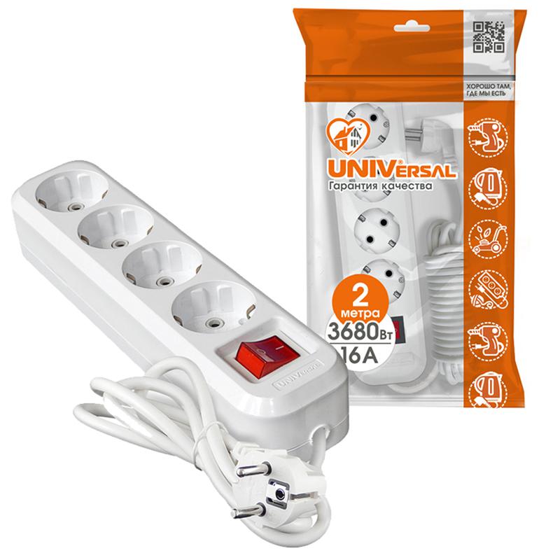 Удлинитель 4х2м с заземл. 16А IP20 S-304 ПВС 3х1 с выкл. UNIVersal 9634419