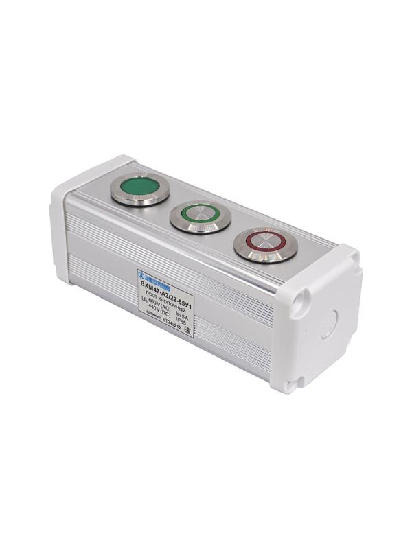 Пост управления BXM47-A3/22-65У1 1 лампа 220В зел. + 1 цилиндрическая кнопка 1C1NO1NC зел. + 1 цилиндрическая кнопка 1C1NO1NC красн. Электротехник ET249212