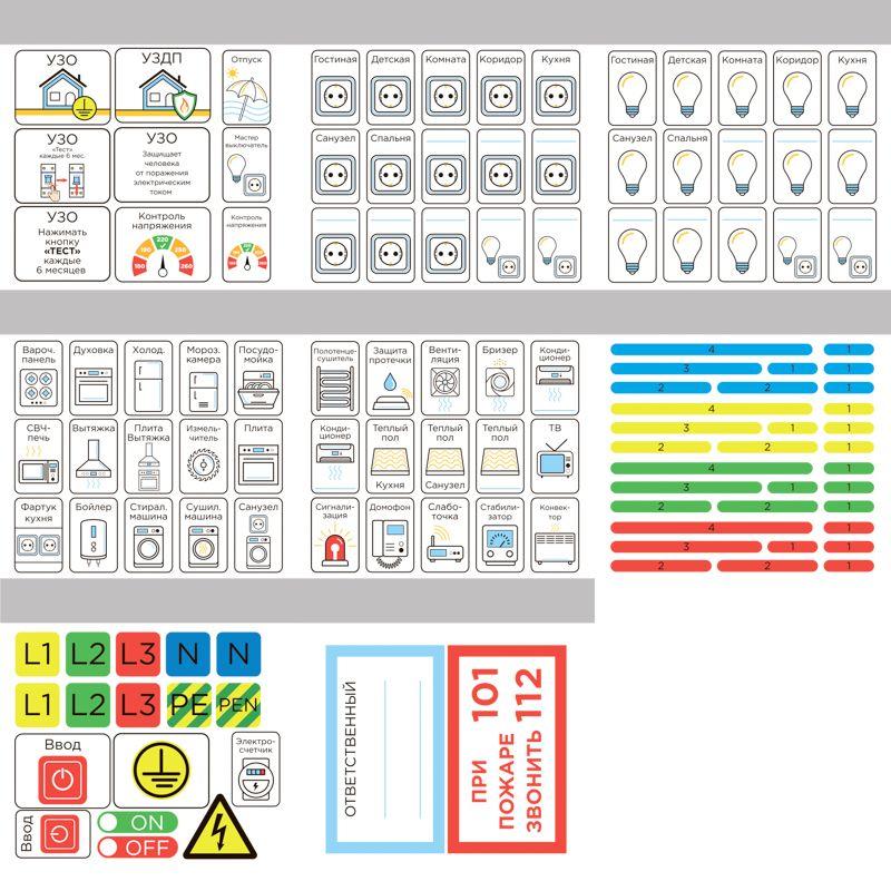 Набор модульных наклеек "Маркировка электрощитов" малый 100х100мм (120 наклеек) Rexant 56-0082
