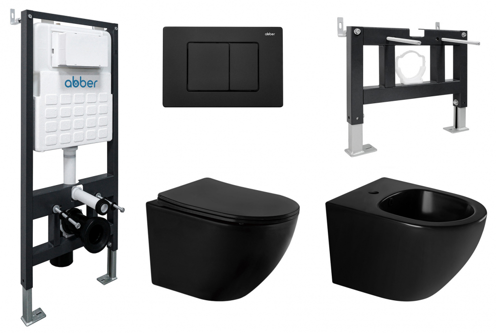 Комплект ABBER унитаз AC1100MB черный матовый с инсталляцией AC0105 и кнопкой AC0120MB, биде AC1150MB с инсталляцией AC0101P