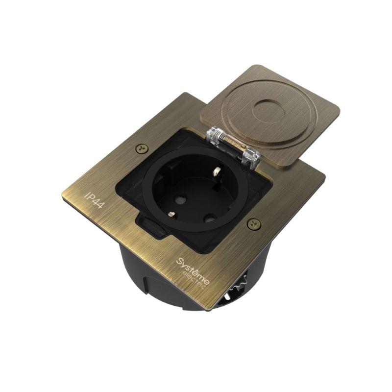 Лючок MultiDesk MDK21 с розеткой 2P+E 16А 250В IP44 с монтажной коробкой для стены фальшпола стола античная латунь SE MDK21102BA