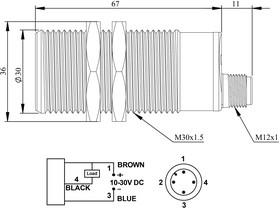 Датчик индуктивный (NPN-НЗ) разъем M12х400Гц) скрытый мотаж 10-30В DC IP67 EMAS SIM30FM1OSX