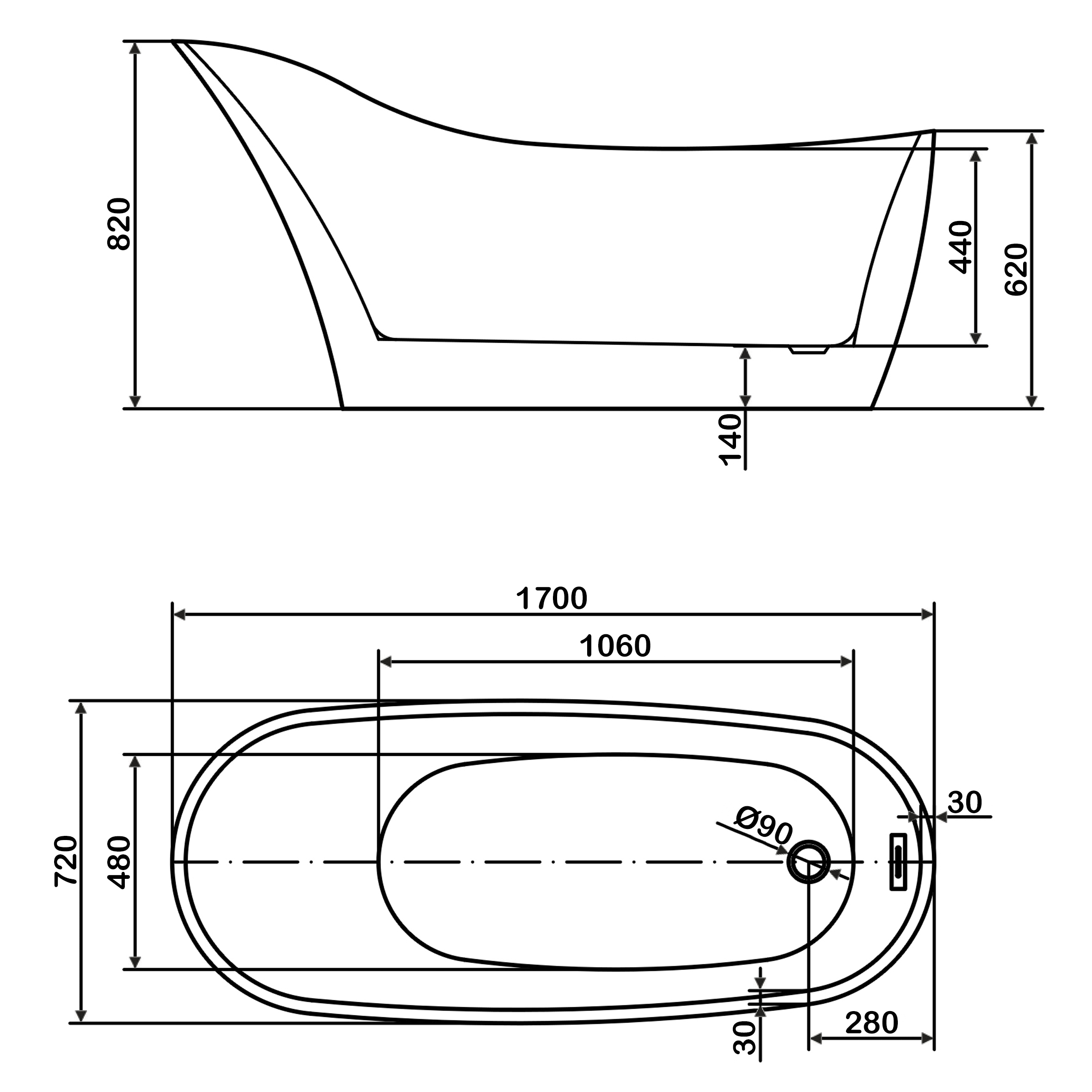Ванна акриловая отдельностоящая 1700 мм Swedbe Vita 8820