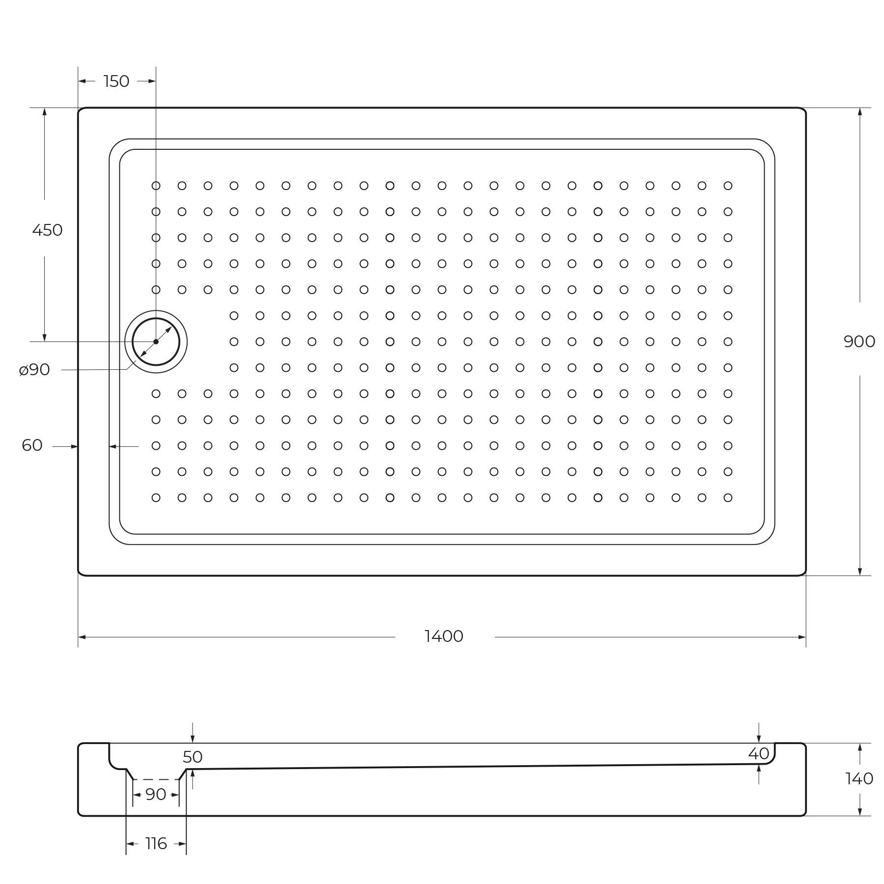 Акриловый поддон CEZARES TRAY-A-AH-140/90-15-W