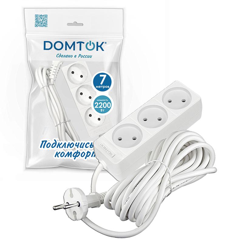 Удлинитель 3х7м без заземл. 10А IP20 2.2кВт ПВС 2х1 бел. DOMTOK 2353