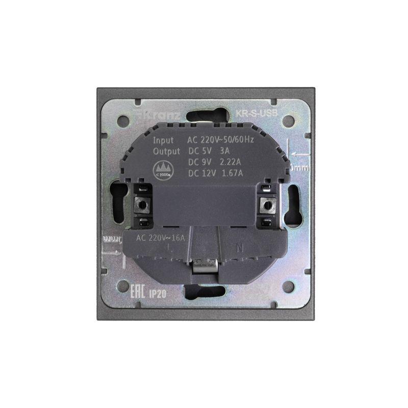 Розетка 1-м СП STRONG MIELE 16А с заземл. защ. шторки с USB A+C быстрой зарядки 5В/3А графит Kranz KR-78-0704-6