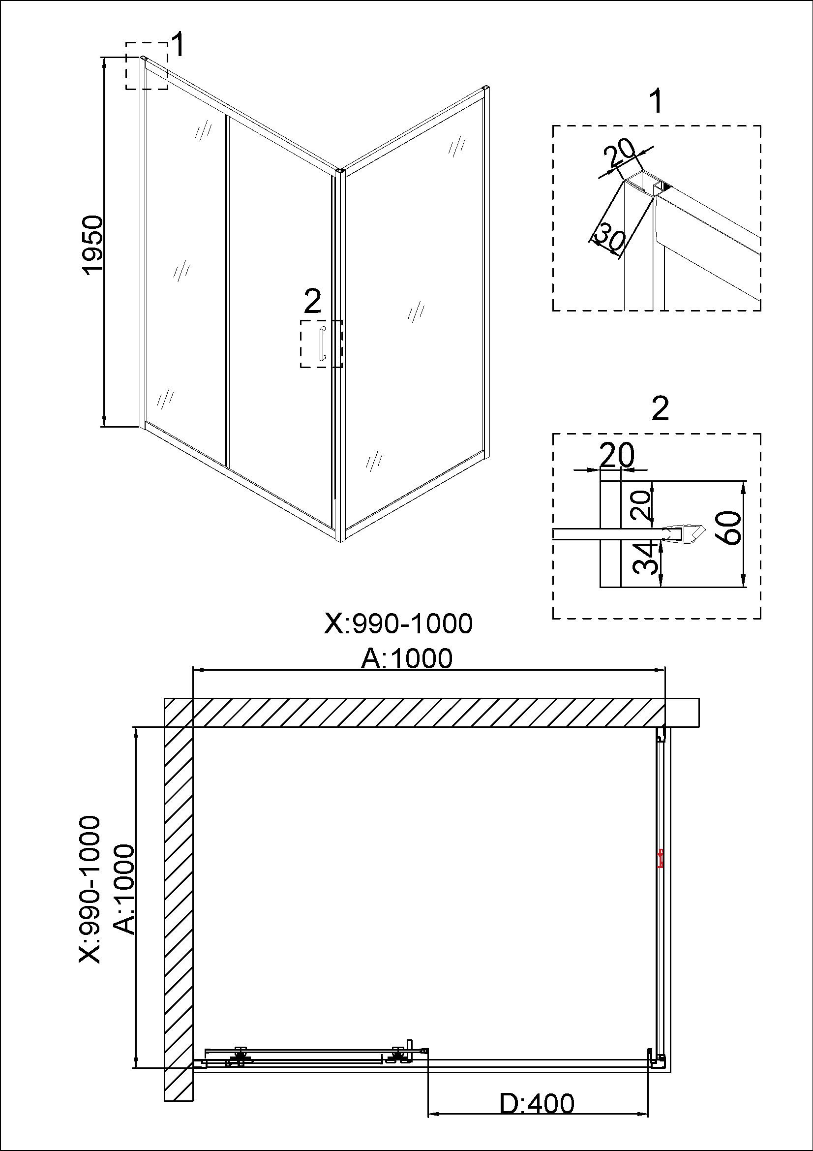 Душевое ограждение NG-42-10AG-A100G (100*100*195) квадрат, дверь раздвижная