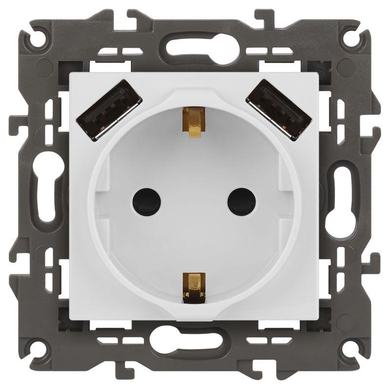 Розетка Elegance 14-4109-01М 16A 250В 2P+E защ. штор. с 2xUSB 3А 5В матов. бел. Эра Б0065773