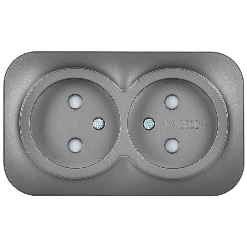 Розетка 2-м ОП GLORY РСш22-2-ХСм 10А без заземл. защ. шторки сталь матов. IEK ERH23-K46M-10