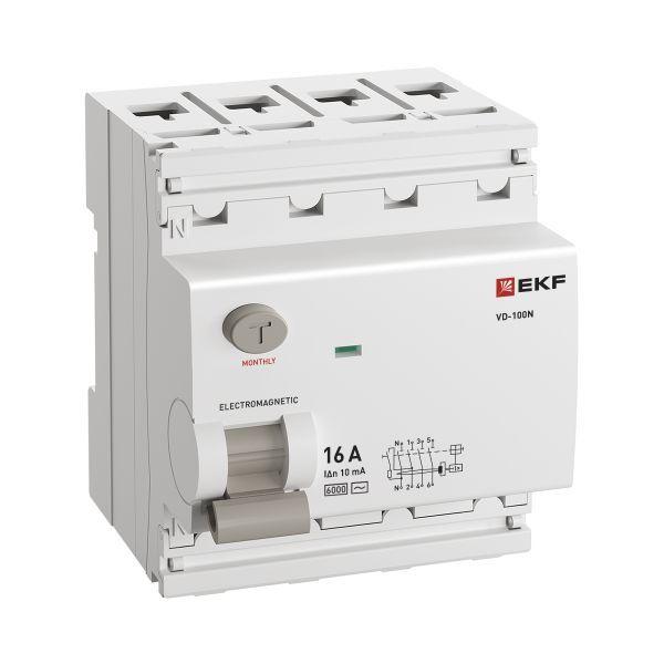 Выключатель дифференциального тока 4п 16А 10мА тип AC 6кА ВД-100N электромех. PROxima EKF E1046M1610