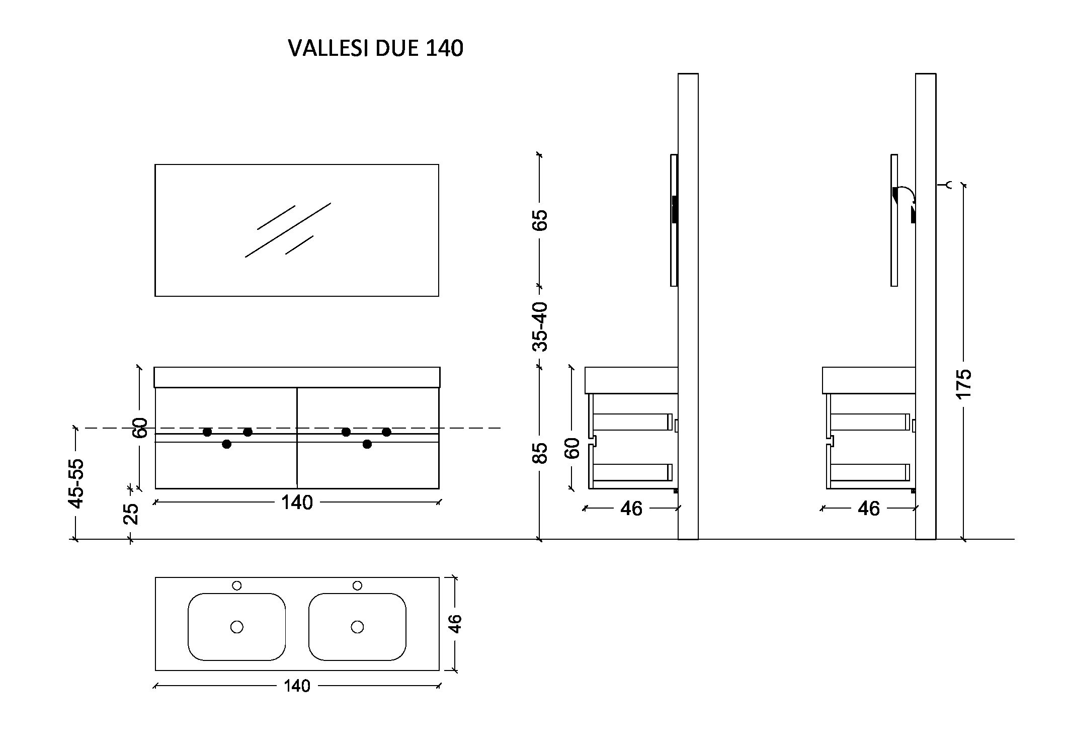 Тумба без раковины Vallessi 140*46cm АНТРАЦИТ глянец 4 полки