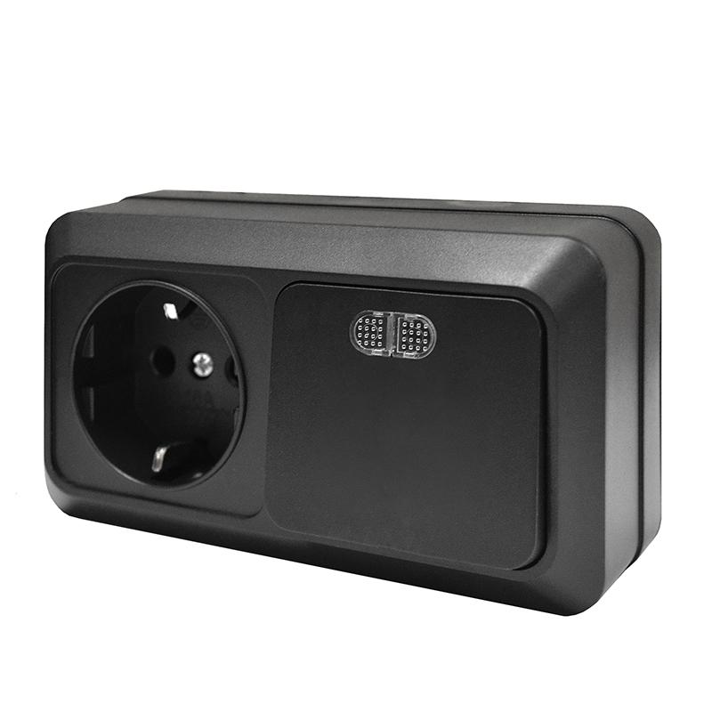 Блок ОП Олимп 1-кл. выкл. с подсветкой 10А + роз. с заземл. 16А 220В горизонт. черн. Universal 7946808