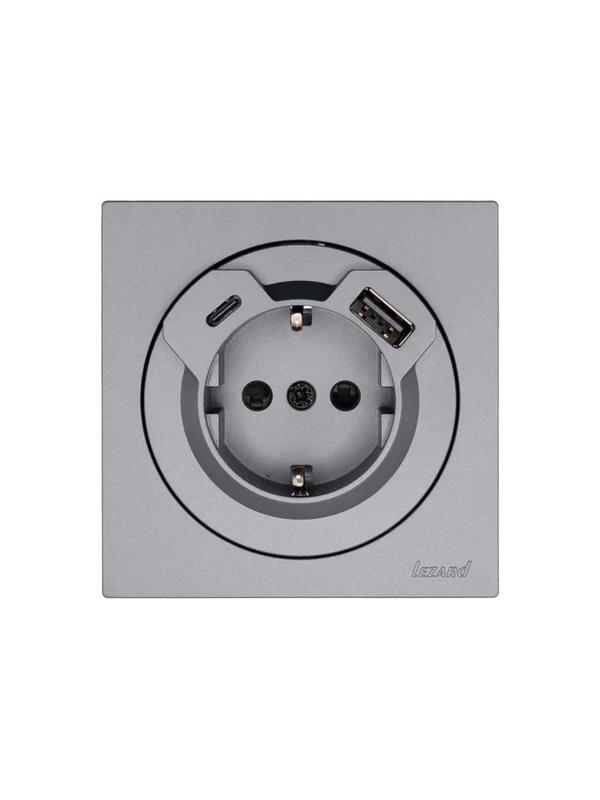 Розетка 1-м СП OSEN с заземл. TC + USB разъем механизм сер. матов. LEZARD 743-7488-181TC