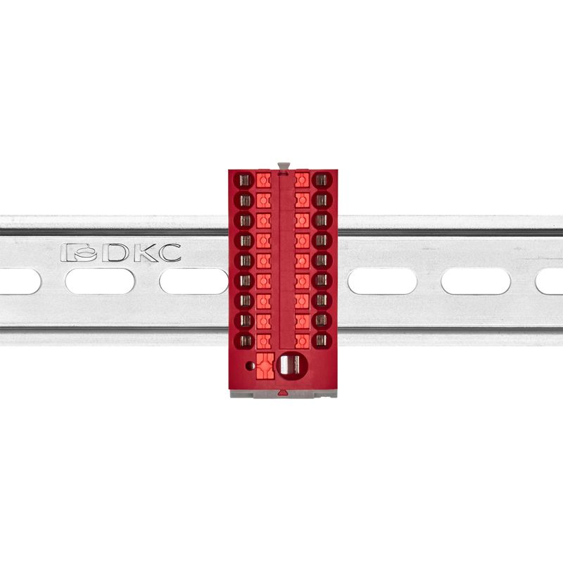Блок распределительный с вертикал. адаптером на рейки шир. 15/35мм зажим push-in 1 ввод 6кв.мм 18 точек подключения 2.5кв.мм красн. DKC DTP1-118-104SPUR-V