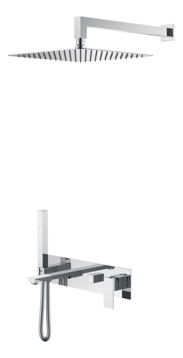 Смеситель встроенный + верхний+ ручной душ Qubic Chrome с изливом