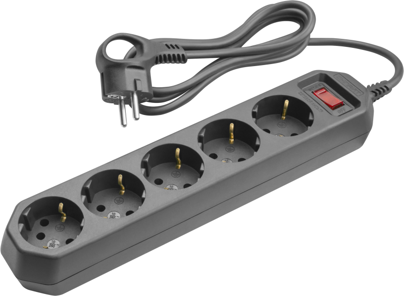 Удлинитель с сетевым фильтром 5х5м 10А IP20 2.2кВт ПВС 3х0.75 с выкл. с инд. сети черн. ОНЛАЙТ 90782