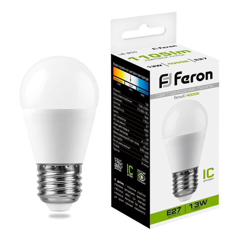 Лампа светодиодная 13Вт 230В E27 4000К G45 LB-950 FERON 38105