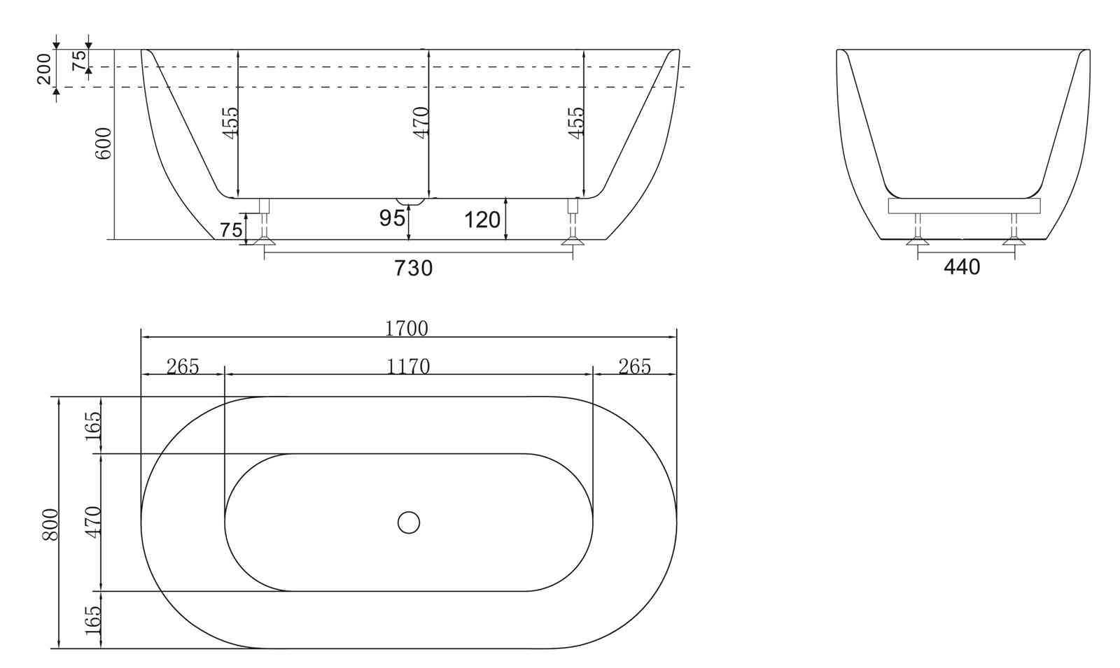 Акриловая ванна BELBAGNO BB70-1700-800