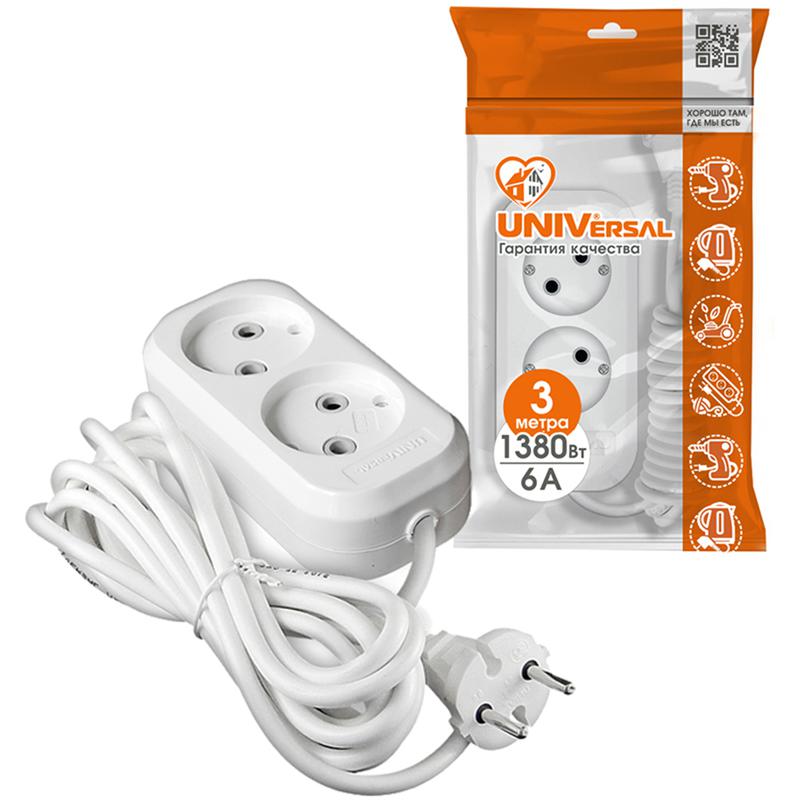 Удлинитель 2х3м без заземл. 6А IP20 У6-011М ПВС 2х0.75 UNIVersal 011М-03