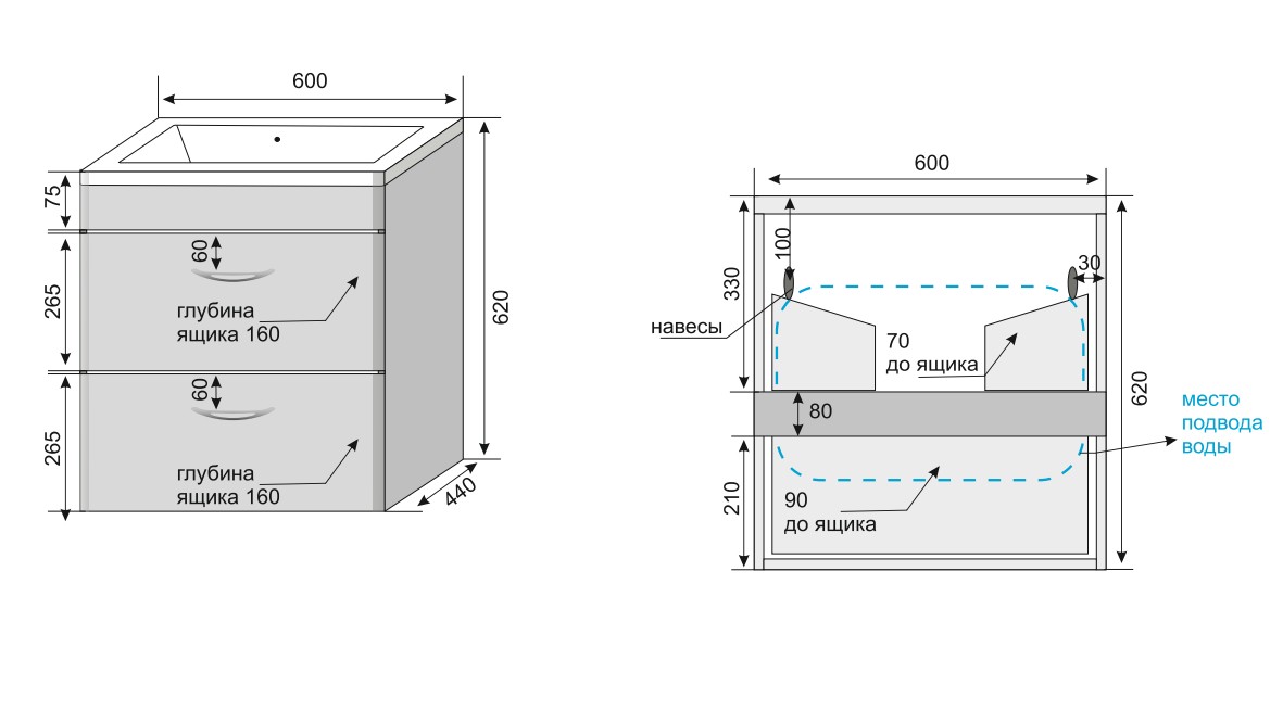 Тумба подвесная "Каре 60" (2 ящ.) Люкс белая, PLUS