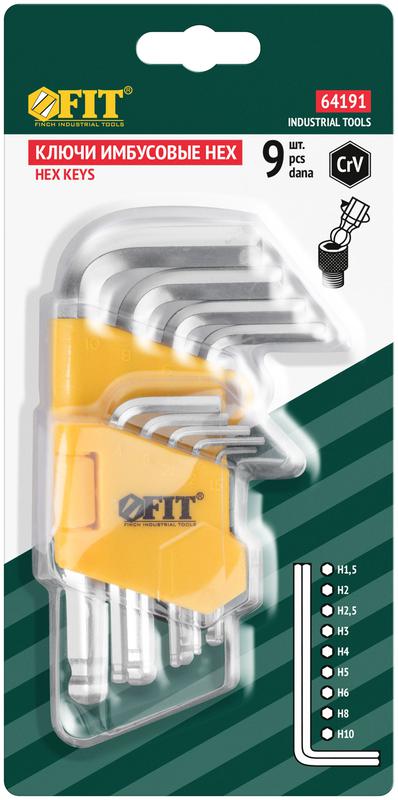 Ключ шестигранный 1.5-10мм с шаровым наконечником в пластик. держателе CrV сталь (уп.9шт) FIT 64191