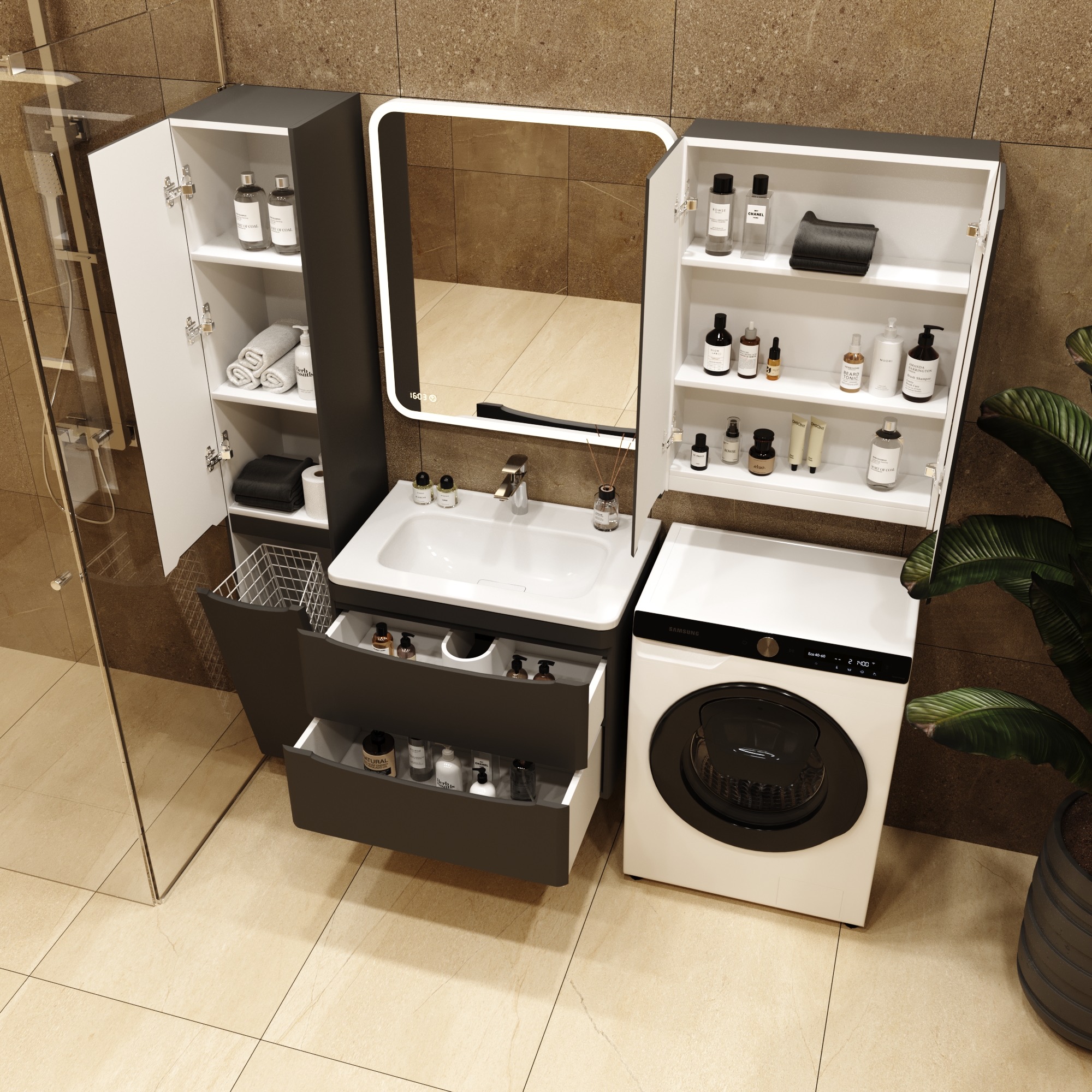 Тумба подвесная "Бергамо мини 70" (2 ящ.) Люкс антискрейтч черный, PLUS